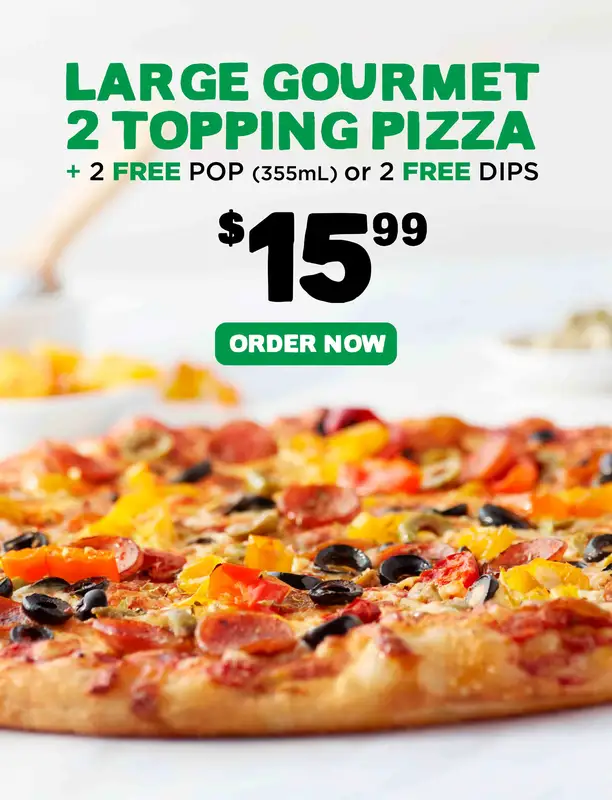 Large Gourmet 2 Topping Pizza + 2 Free Pop or Dip image